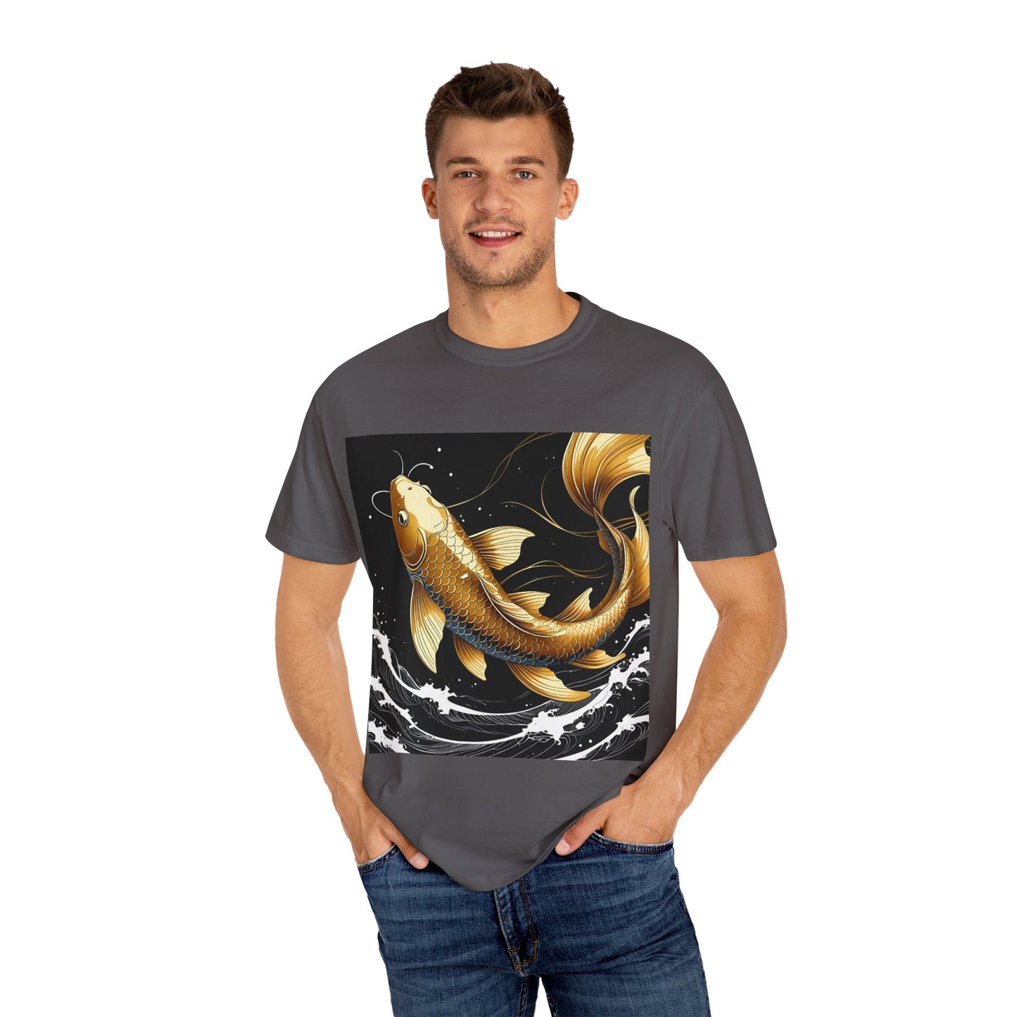Golden Koi T-Shirt, Unisex Fish Tee, Unique Graphic Shirt, Casual Wear, Gift for Nature Lovers, Eco-Friendly Clothing