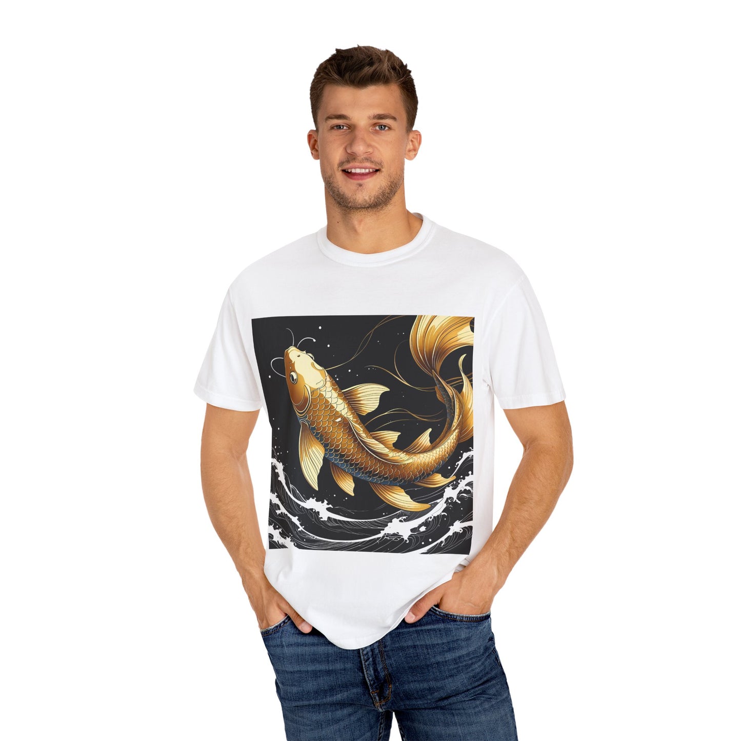 Golden Koi T-Shirt, Unisex Fish Tee, Unique Graphic Shirt, Casual Wear, Gift for Nature Lovers, Eco-Friendly Clothing