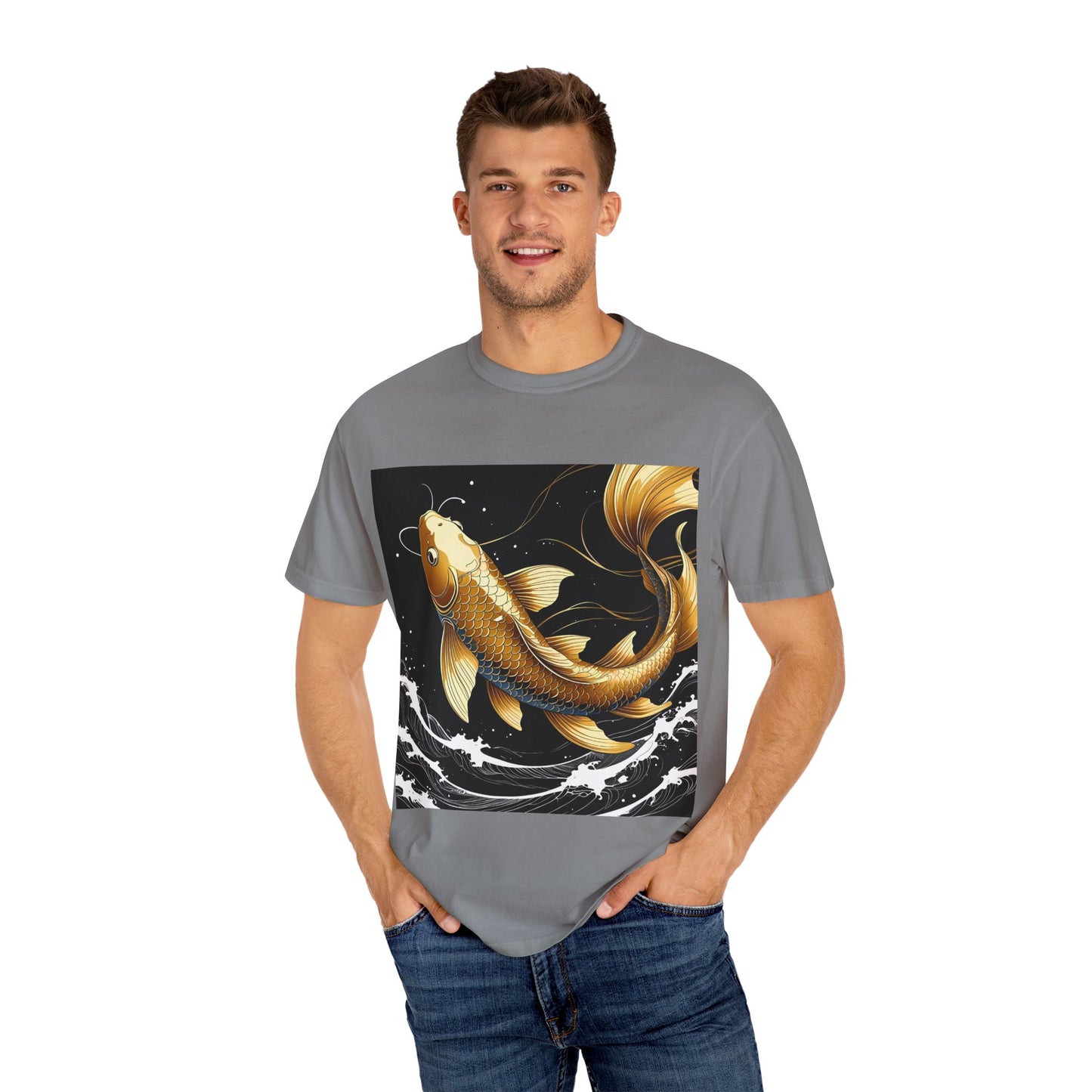 Golden Koi T-Shirt, Unisex Fish Tee, Unique Graphic Shirt, Casual Wear, Gift for Nature Lovers, Eco-Friendly Clothing
